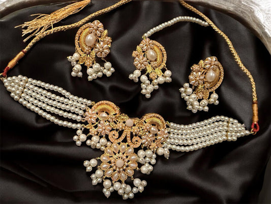 Elegant Gold style & Pearl Bridal Jewelry Set – Necklace & Earrings